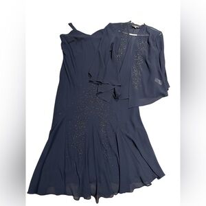 R&M Richards Navy One-Shoulder Evening Dress with Beaded Jacket